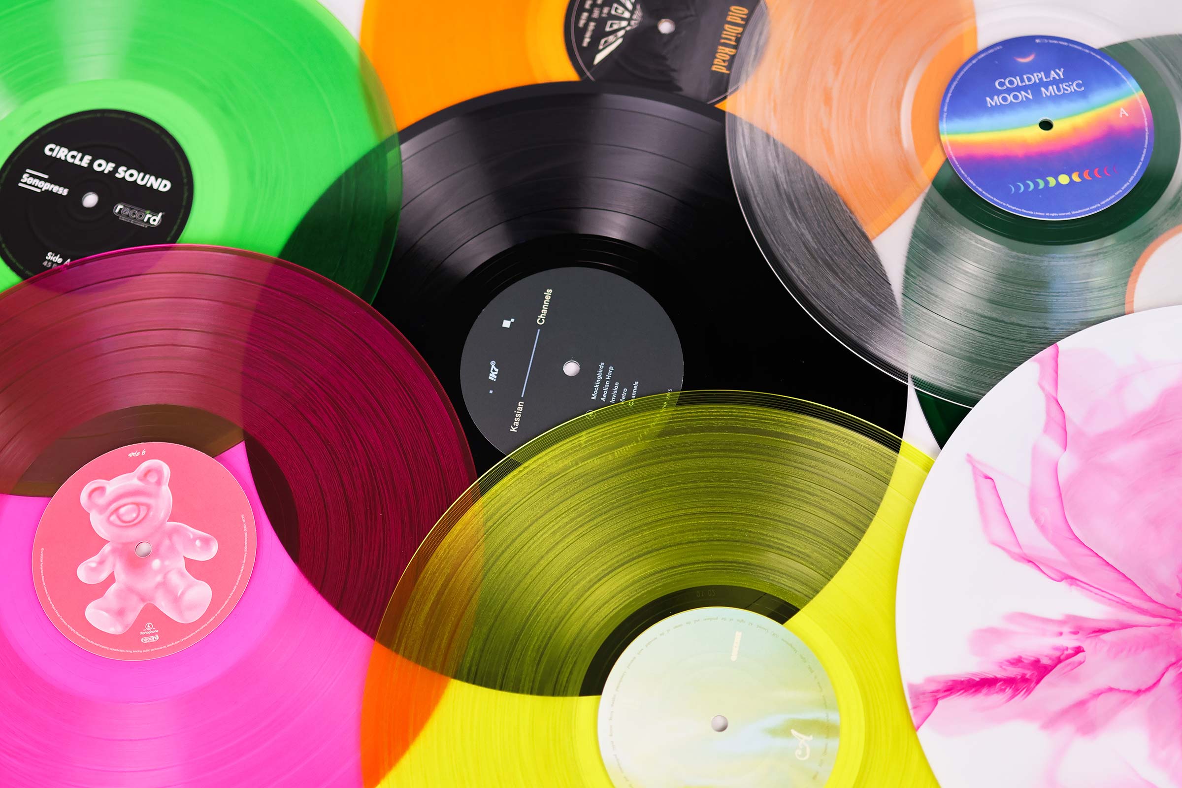 injection moulded records in black, colour and ink
